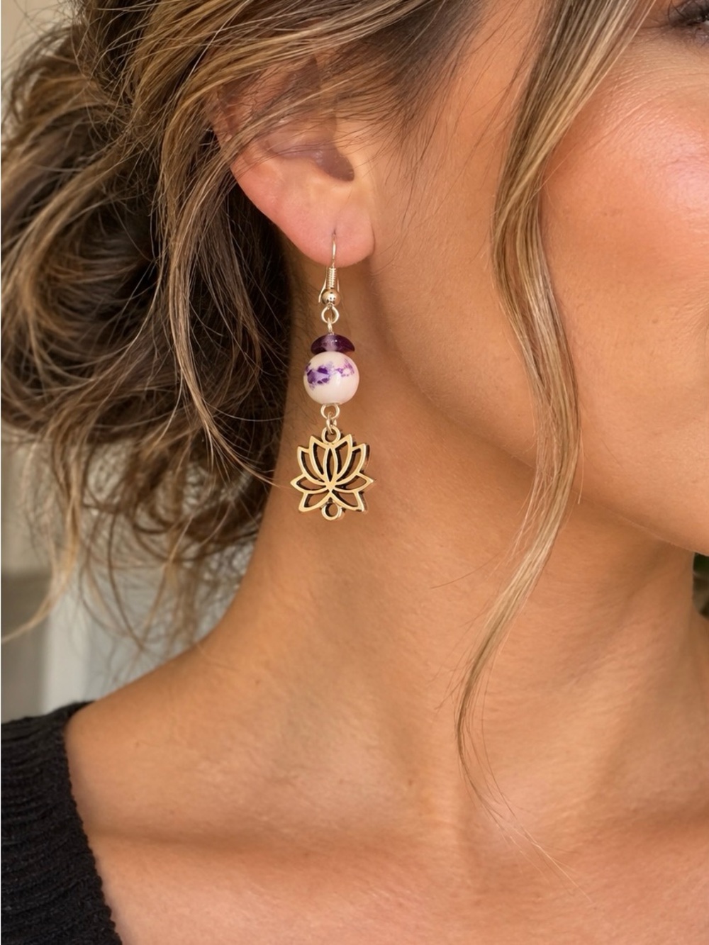 Gold Lotus Drop Earrings with Purple and White Beads